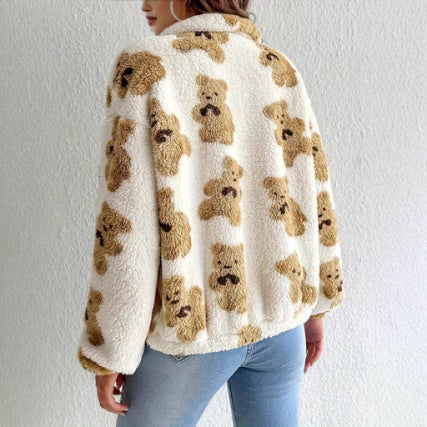 Bear Printed Furry Fleece-lined Warm And Loose Coat Drip Haven
