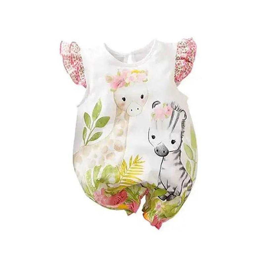 Adorable Deer & Zebra Print Baby Romper - Soft, Breathable with Ruffle Sleeves