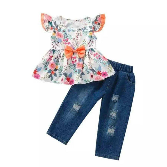 Floral Peplum Top & Denim Jeans Set For Toddlers