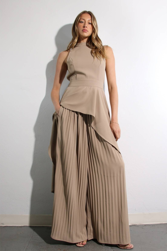 Escape to Milan Taupe Pleated Pants Set Luxe and Allure