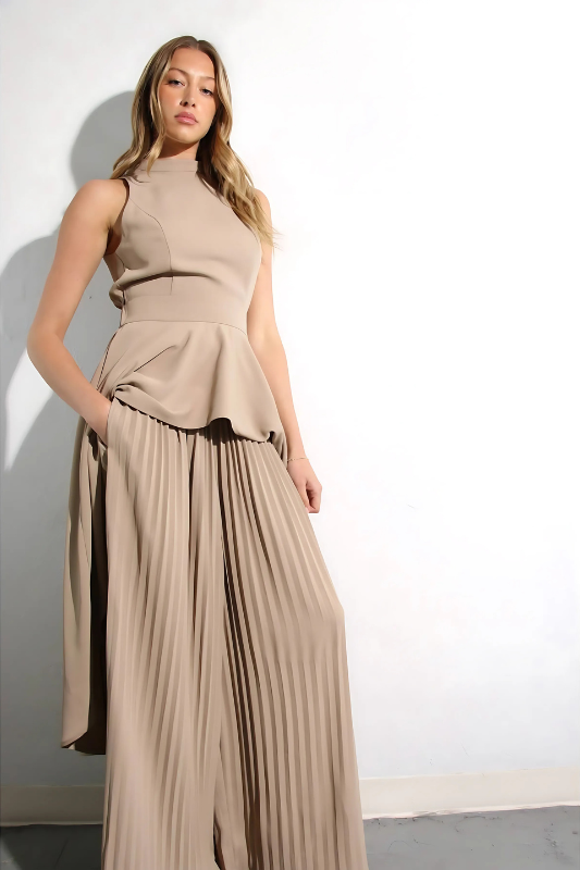 Escape to Milan Taupe Pleated Pants Set Luxe and Allure