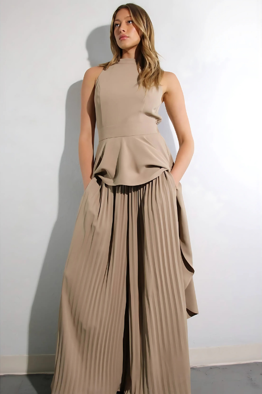 Escape to Milan Taupe Pleated Pants Set Luxe and Allure