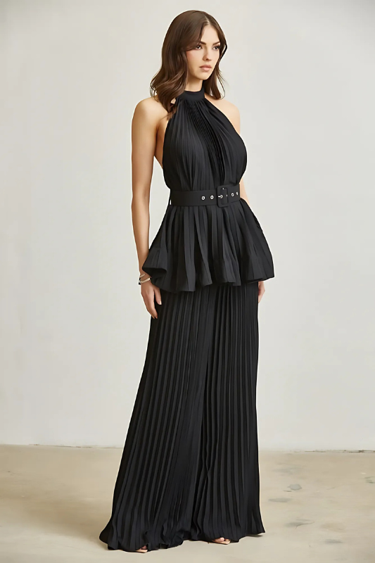 Midnight in Monaco Chiffon Pleated Pant Set Luxe and Allure