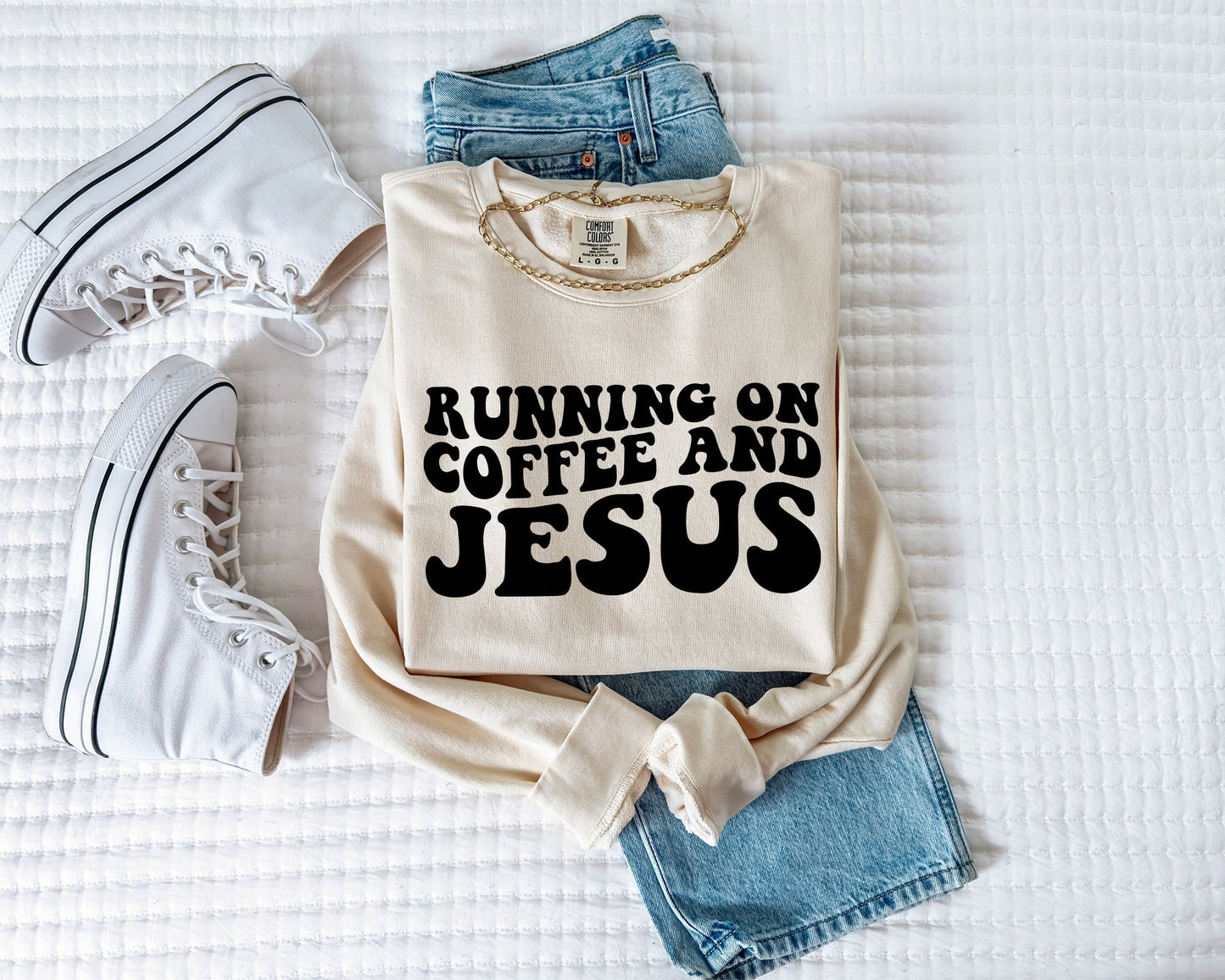 Running on Coffee and Jesus Christian Garment Dyed Comfort Colors Sweatshirt Verita Culture
