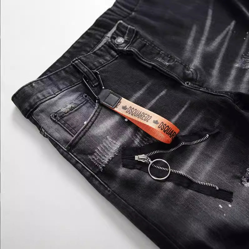 Black And Gray Paint Hole Zipper Decorations Personality Jeans Men Drip Haven