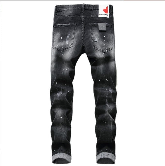 Black And Gray Paint Hole Zipper Decorations Personality Jeans Men Drip Haven