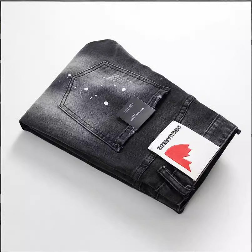 Black And Gray Paint Hole Zipper Decorations Personality Jeans Men Drip Haven