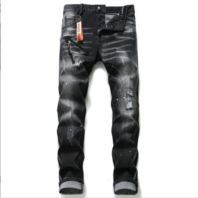 Black And Gray Paint Hole Zipper Decorations Personality Jeans Men Drip Haven