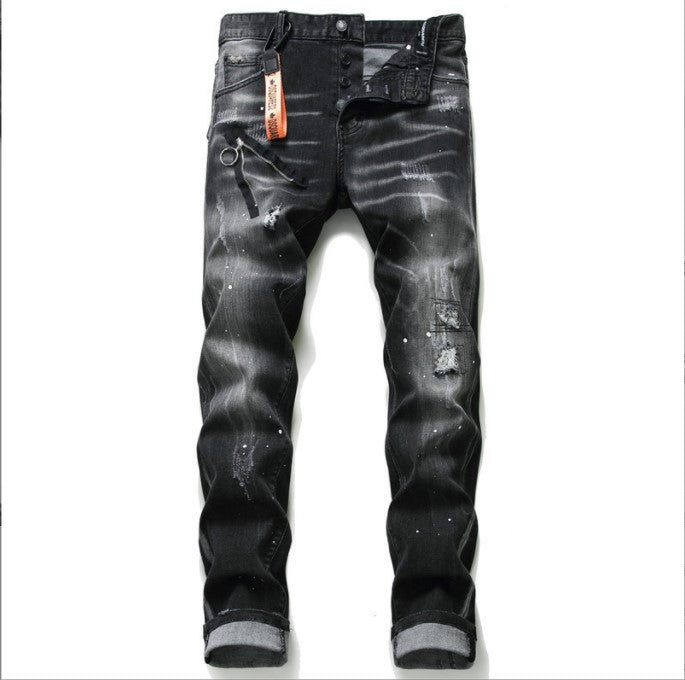 Black And Gray Paint Hole Zipper Decorations Personality Jeans Men Drip Haven
