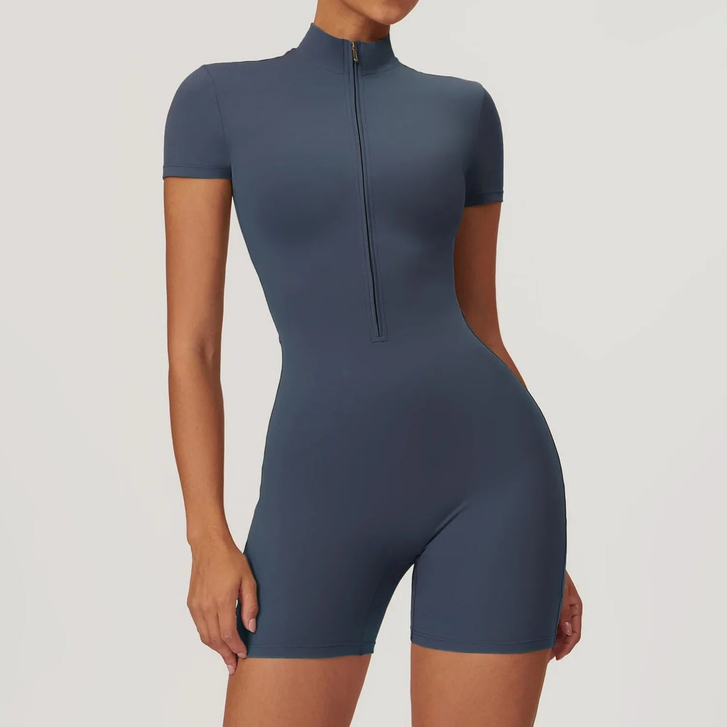 ZenFit Short Sleeve Zip Yoga Bodysuit THRIXINE