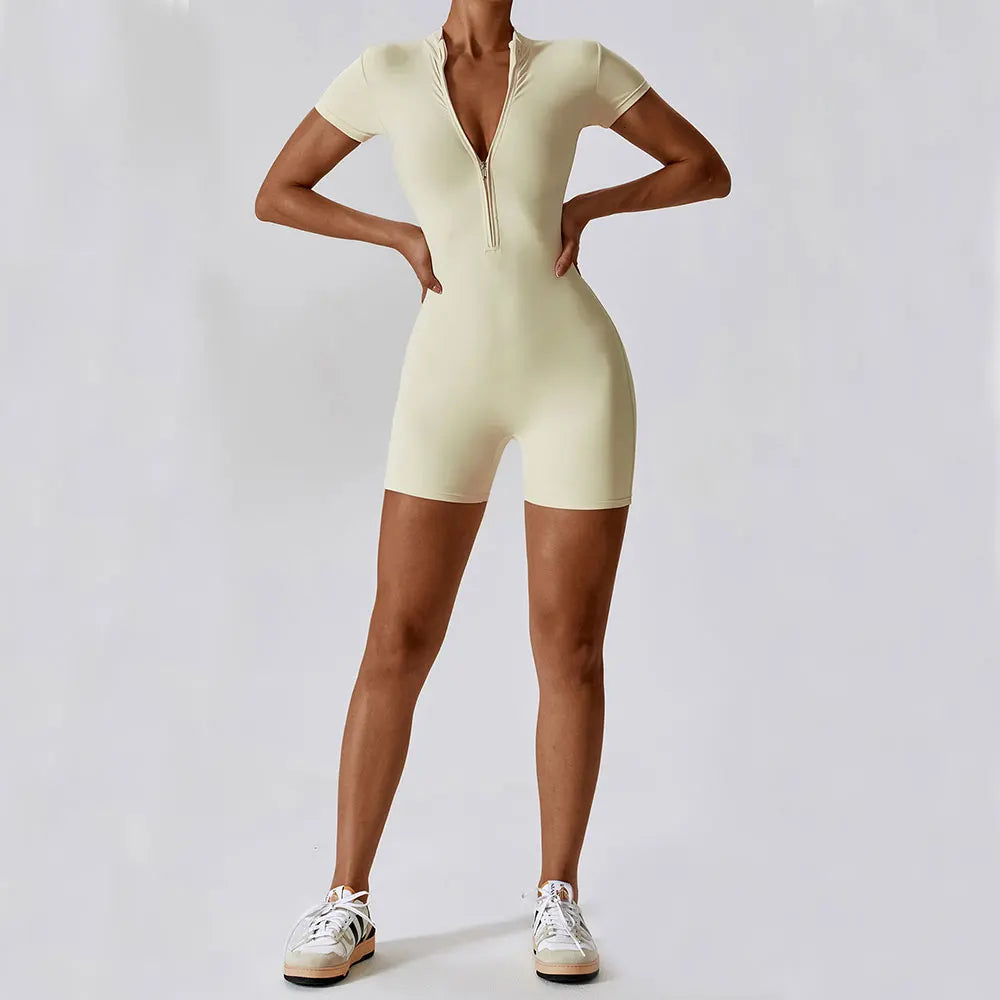 ZenFit Short Sleeve Zip Yoga Bodysuit THRIXINE
