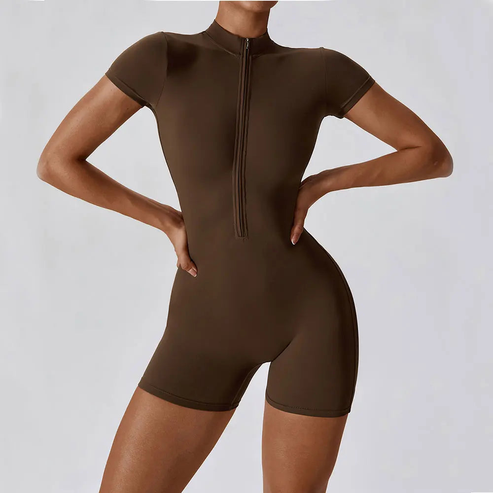 ZenFit Short Sleeve Zip Yoga Bodysuit THRIXINE
