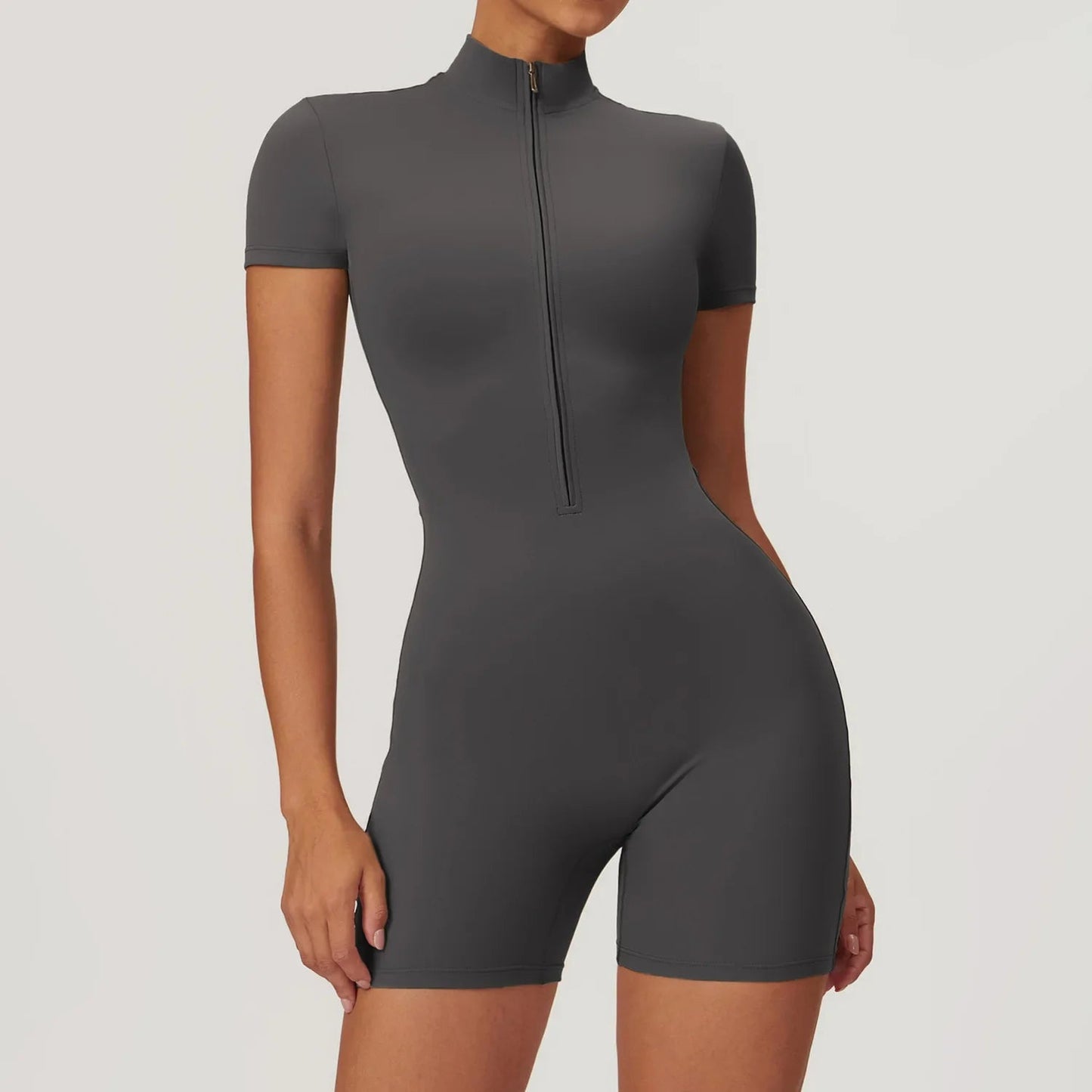 ZenFit Short Sleeve Zip Yoga Bodysuit THRIXINE