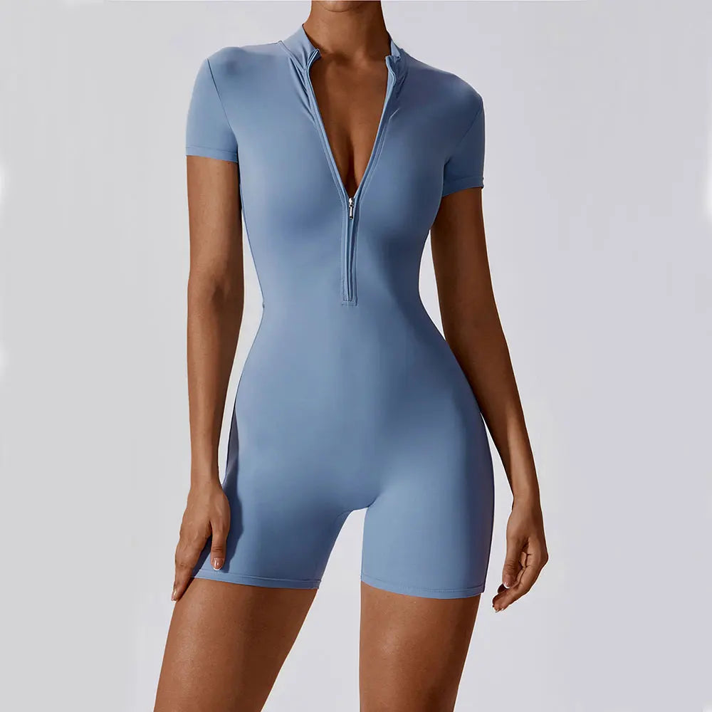 ZenFit Short Sleeve Zip Yoga Bodysuit THRIXINE
