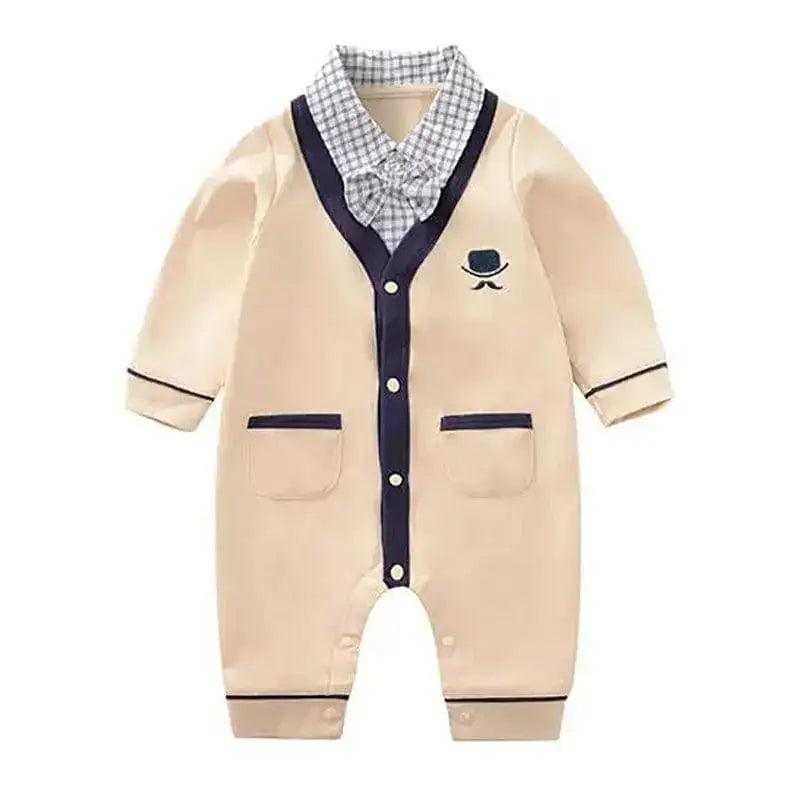 Baby Boy Gentleman Jumpsuit - Cotton Beige Checkered Collar - International Shopping