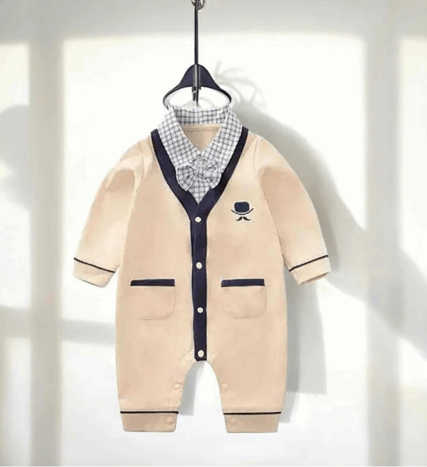 Baby Boy Gentleman Jumpsuit - Cotton Beige Checkered Collar - International Shopping
