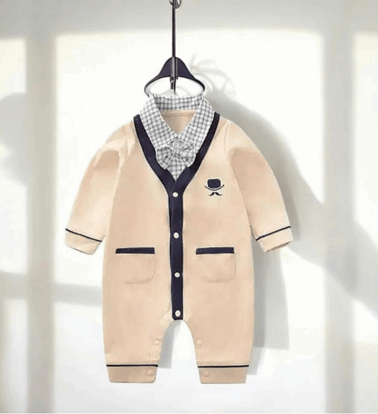 Baby Boy Gentleman Jumpsuit - Cotton Beige Checkered Collar - International Shopping