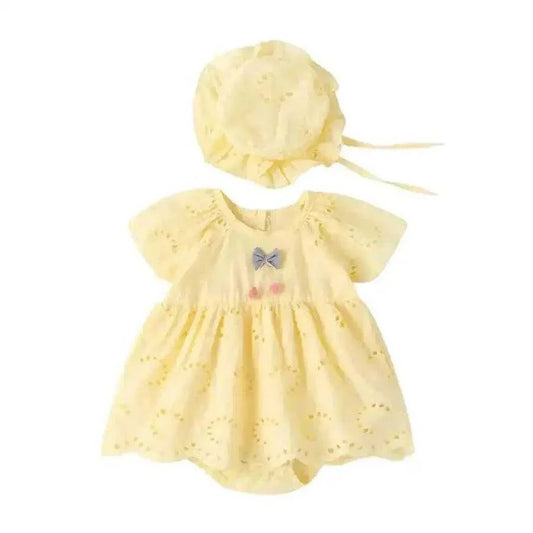 Yellow Cotton Baby Girl Romper Dress With Hat