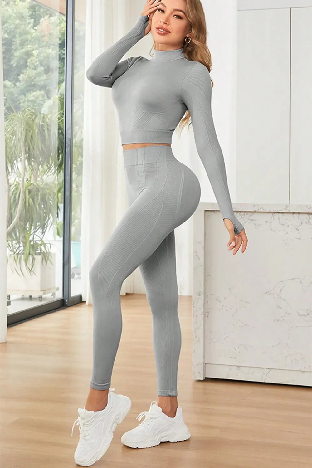 Mock Neck Long Sleeve Top and Leggings Active Set THRIXINE