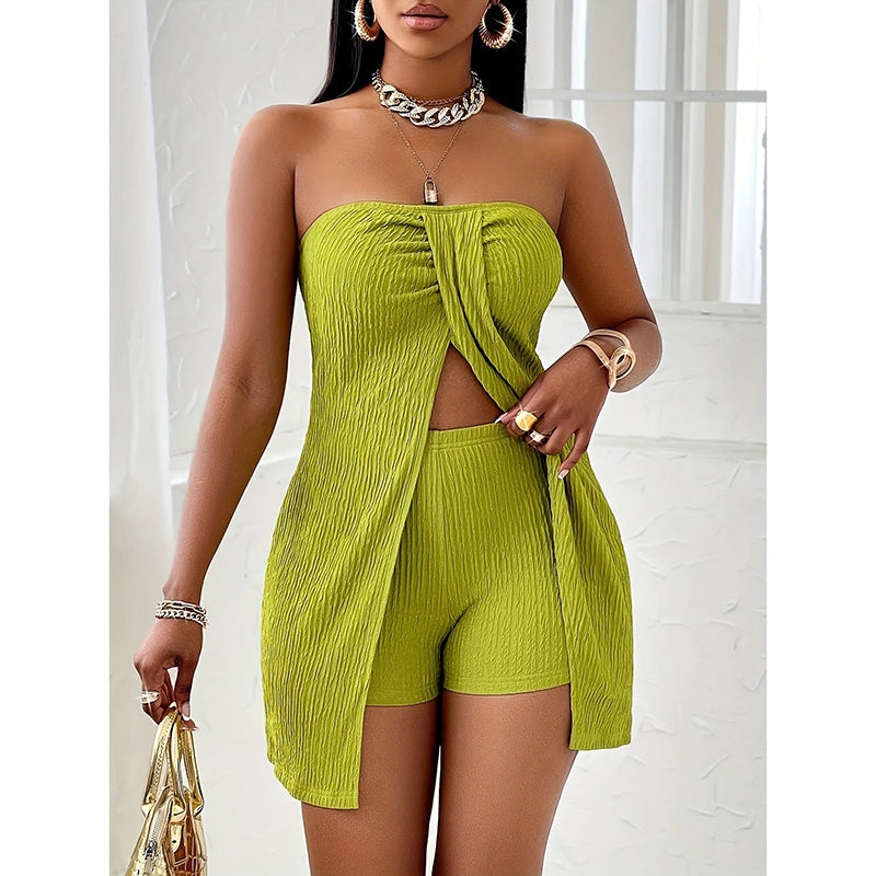 2 Piece Outfits Elegant Textured Strapless Ruched Drip Haven