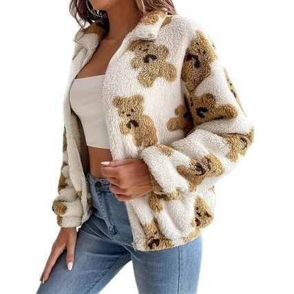 Bear Printed Furry Fleece-lined Warm And Loose Coat Drip Haven