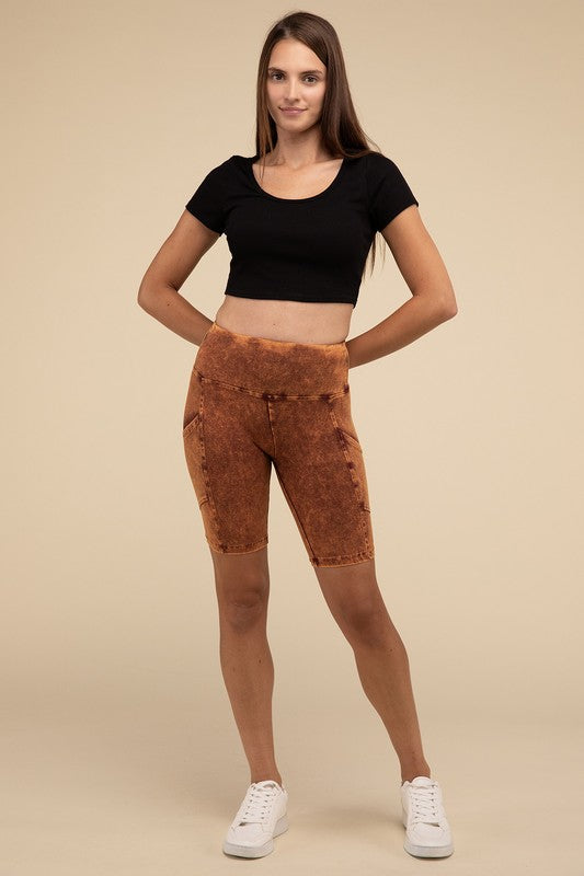 Mineral Wash Wide Waistband Pocket Leggings THRIXINE