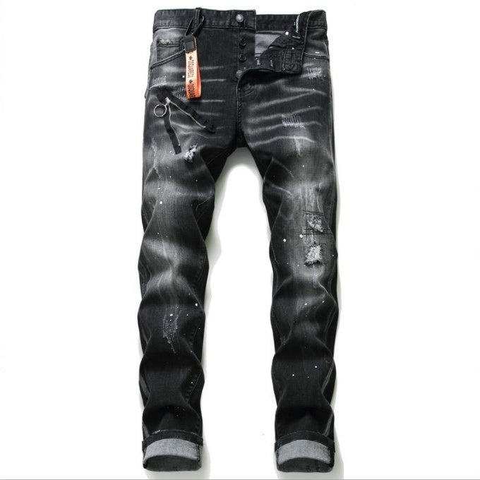 Black And Gray Paint Hole Zipper Decorations Personality Jeans Men Drip Haven