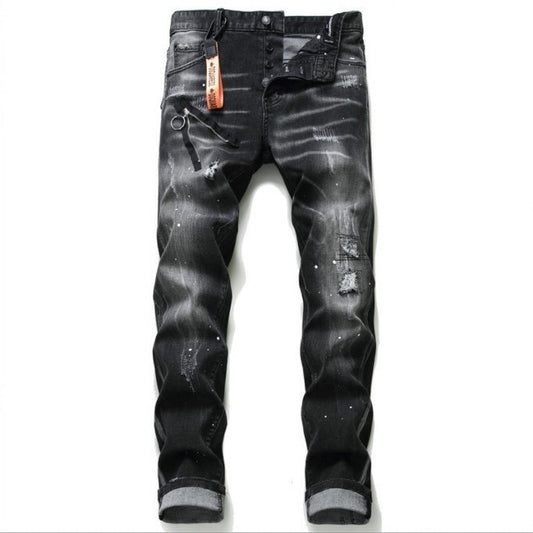 Black And Gray Paint Hole Zipper Decorations Personality Jeans Men Drip Haven