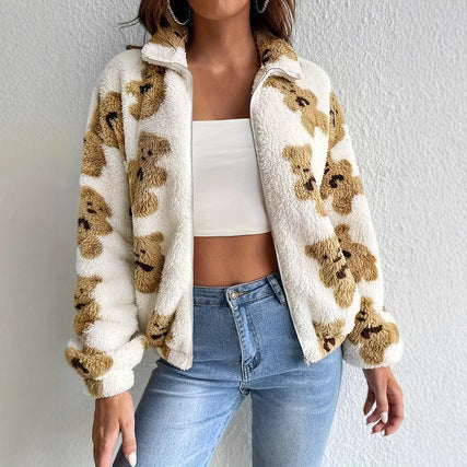 Bear Printed Furry Fleece-lined Warm And Loose Coat Drip Haven