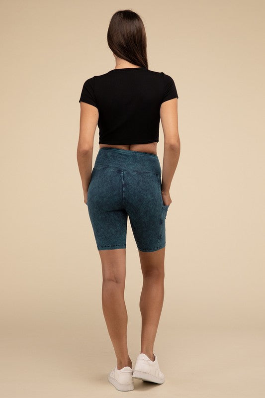 Mineral Wash Wide Waistband Pocket Leggings THRIXINE